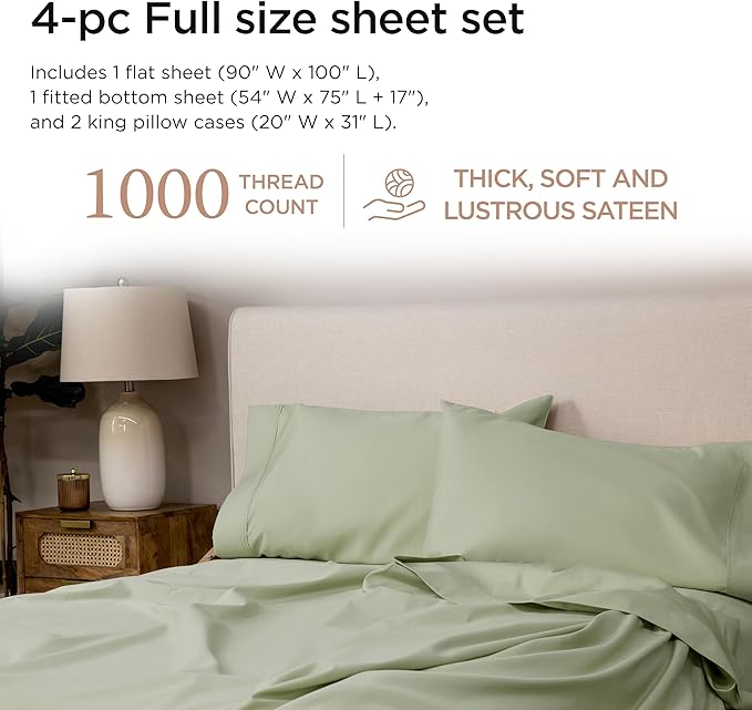 Threadmill Luxury Supima Cotton Sheets, Luxury 1000 Thread Count Soft 100% Cotton Sheets for Full Size Bed, 4 Pc Sage Green Bed Sheets Full Set, 5-Star Hotel Quality Deep Pocket Bed Sheets Set