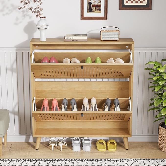 Fsbecl Shoe Storage Cabinet for Entryway with 2 Flip Drawers, Narrow Wood Shoe Cabinet with Fluted Panel, Freestanding Hidden Shoe Organizer for Foyer, Hallway (Wood Color - No Shelf) - Image 4