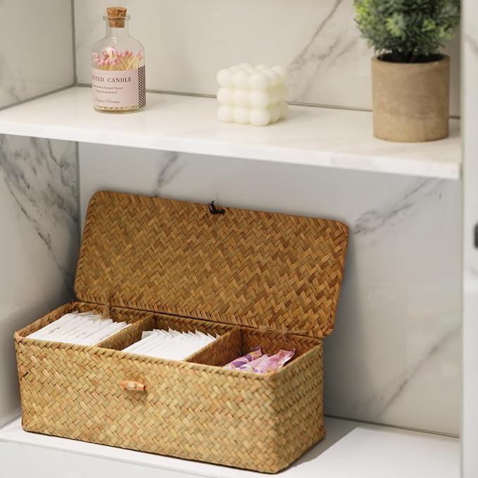 DECRAFTS Seagrass Storage Basket with Lid Rectangular Small Woven Shelf Baskets with Sections for Organize Snack Toys Tampon - Image 8