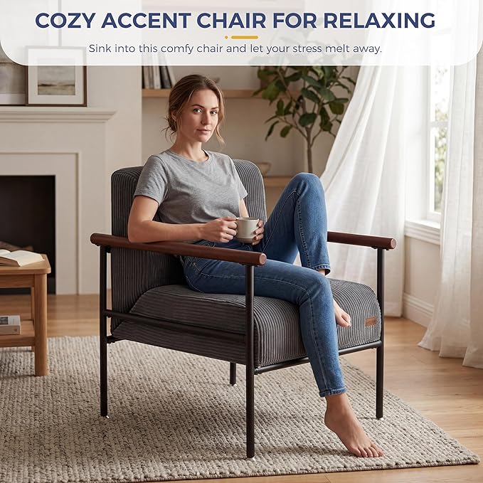 MAXYOYO Living Room Accent Chair, Modern Chair with Sturdy Metal Frame & Wood Armrests, Upholstered Reading Chair with Upholstered Cushion for Bedroom Balcony Porch, Dark Grey