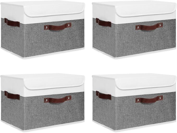 ANMINY 4PCS Storage Boxes with Lid Washable Decorative Storage Bins Basket with PU Leather Handle Foldable Linen Fabric Storage Cubes Containers for Home Closet Organizer - Gray White, Large Size by ANMINY