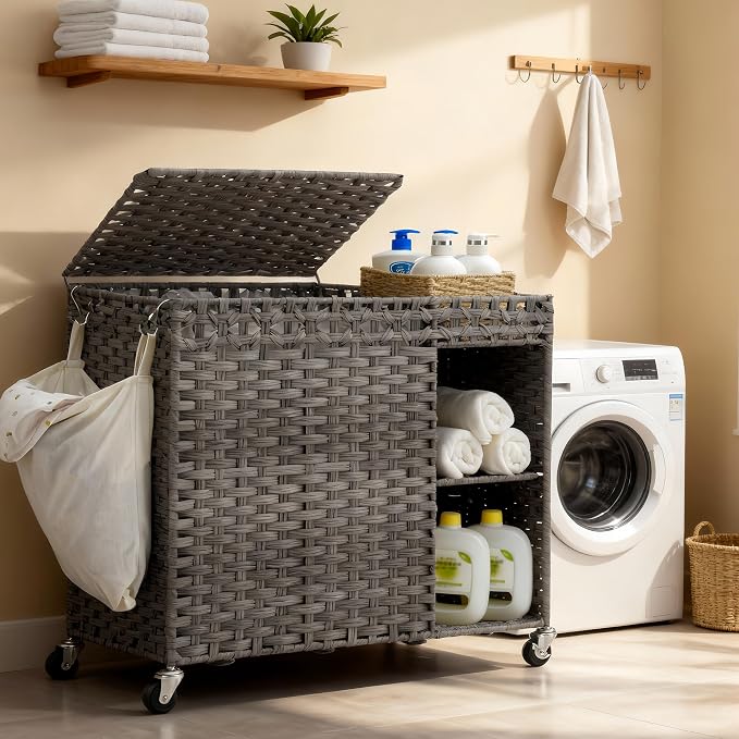 Laundry Hamper with Lid, 160L Rattan Wicker Laundry Basket with Wheels, Handwoven Laundry Hamper 2-Section with Storage shelf(42.3 Gal), Laundry Sorter Basket with Removable Liner, Grey HLH032G by HEYBLY