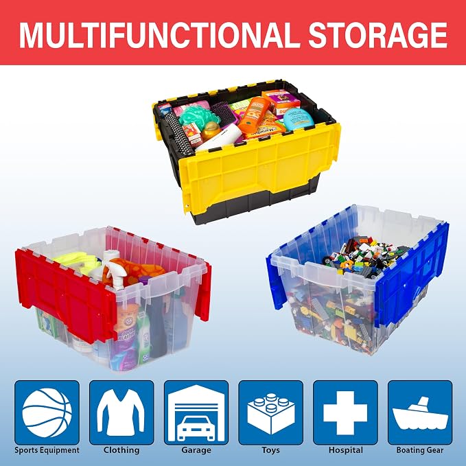Akro-Mils KeepBox 12 Gallon Storage Container, Nesting and Stackable Plastic Storage Box with Lid Attached, Clear Tote for Garages, Closets, Moving, 21-1/2" x 15" x 12-1/2", Clear/Blue, Pallet of 48 - Image 4
