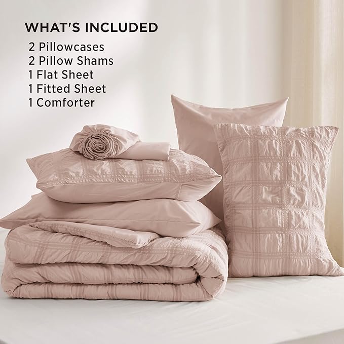 Bedsure Bed in a Bag Full - 7 Pieces Plaid Seersucker Bedding Comforter Sets, Soft Lightweight Rose Dust Boho Bed Set with Comforters Full Size, Sheets, Pillowcases & Shams