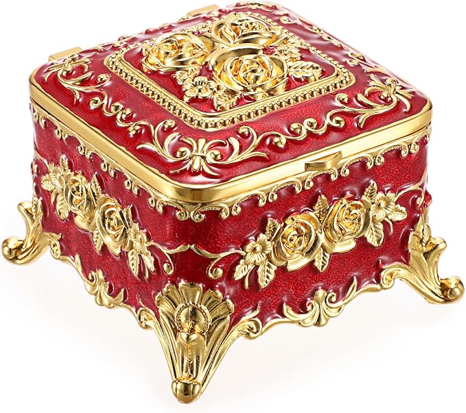 Hipiwe Vintage Metal Jewelry Box - Small Trinket Organizer Ring Box Case with Rose Pattern Jewelry Storage Box for Ring Earrings Necklace, Keepsake Box for Women,Red by Hipiwe
