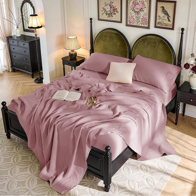 SONORO KATE 100% French Pure Linen Sheets, Breathable and Durable Linen King Size Sheets, Anti-Tear Linen Bed Sheets, Machine Washable, 16 Inch Deep Pocket - 4 Piece (Embroidery Purple, King)
