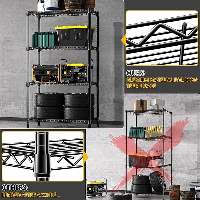M MZG 1000 lbs 4 Tier Shelf Metal Storage Shelves Shelving Wire Rack Heavy Duty Closet Organizers for Garage Kitchen Bathroom Laundry Black 15.7" D x 33.5" W x 59.5" H - Image 6