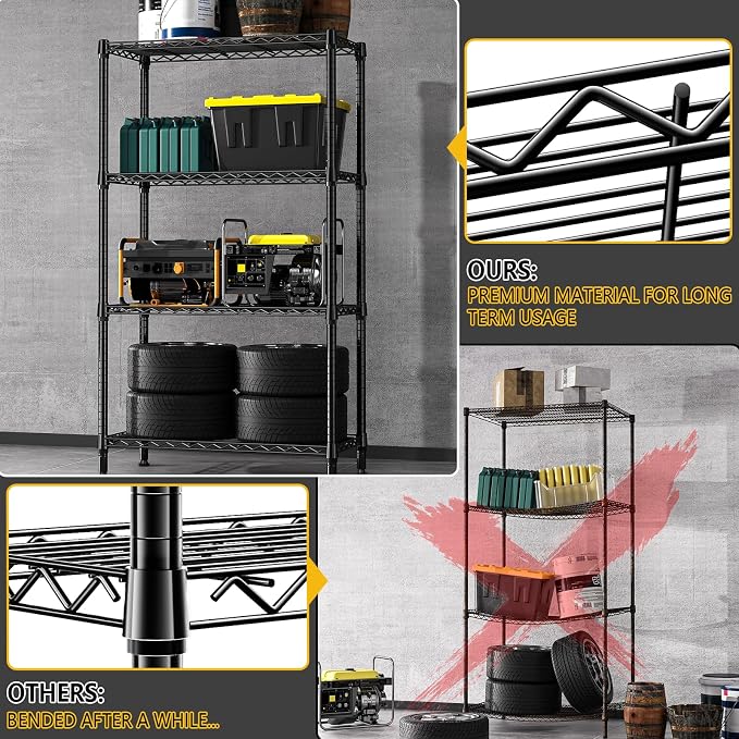 M MZG 1000 lbs 4 Tier Shelf Metal Storage Shelves Shelving Wire Rack Heavy Duty Closet Organizers for Garage Kitchen Bathroom Laundry Black 13.8" D x 35.4" W x 59.5" H - Image 6