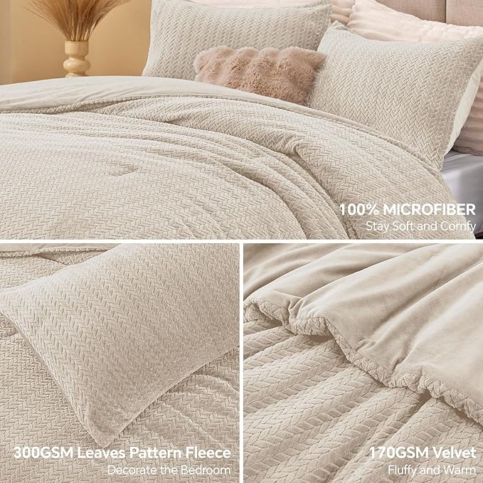 Flannel Fleece Queen Comforter Set - Furry Linen Leaves Pattern Faux Fur Bed Set, Winter Ultra Soft Fuzzy Comfort Set, Velvet Bedding Set for Bed with 2 Pillow Cases