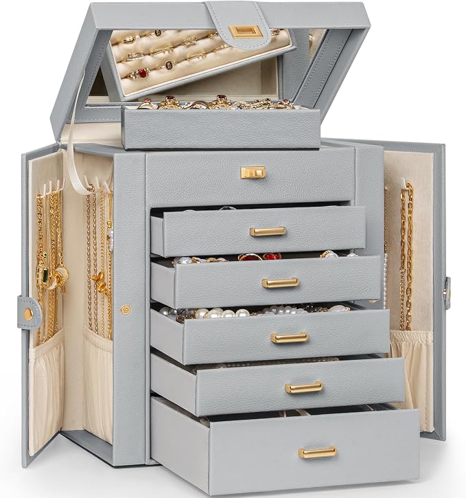 AKOZLIN 6-Tier Jewelry Box Organizer Functional 5 Drawers Leather Jewelry Storage Case for Women Girls Ring Necklace Earring Bracelet Holder Organizer with Mirror Grey - Image 7