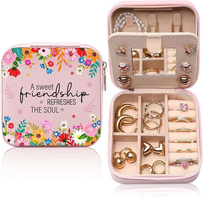 GAOLZIUY Friendship Gifts for Women, Friendship Travel Jewelry Box with Flowers, Portable Jewelry Organizer Case for Women Girls, Bestie Birthday Gifts for Soul Sister Best Friend BFF by GAOLZIUY
