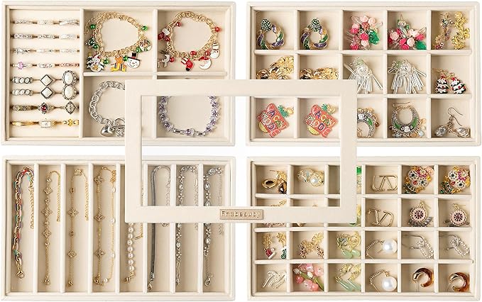 Frebeauty Stackable Jewelry Trays, Velvet Drawer Jewelry Organizer with Glass Lid,5 in 1 Multi-Functional Jewelry Storage for Earrings Necklaces Rings, 10.5 x 6.5 x 5.55 Inches Gift for Women(Beige) by Frebeauty
