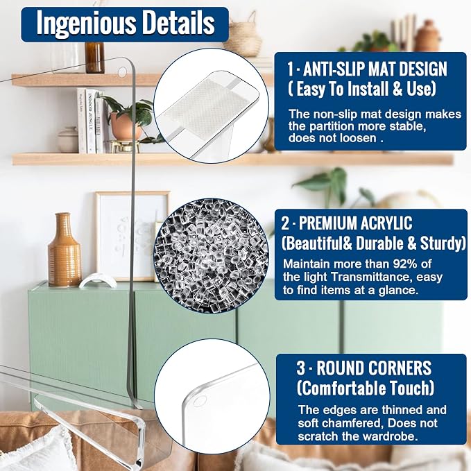 BAUMFEUER 6 Pack Clear Acrylic Shelf Dividers for Closet Shelf Organizer of Bedroom Kitchen Office Bathroom Organizer for Clothes Books Hats and Handbags - Image 3