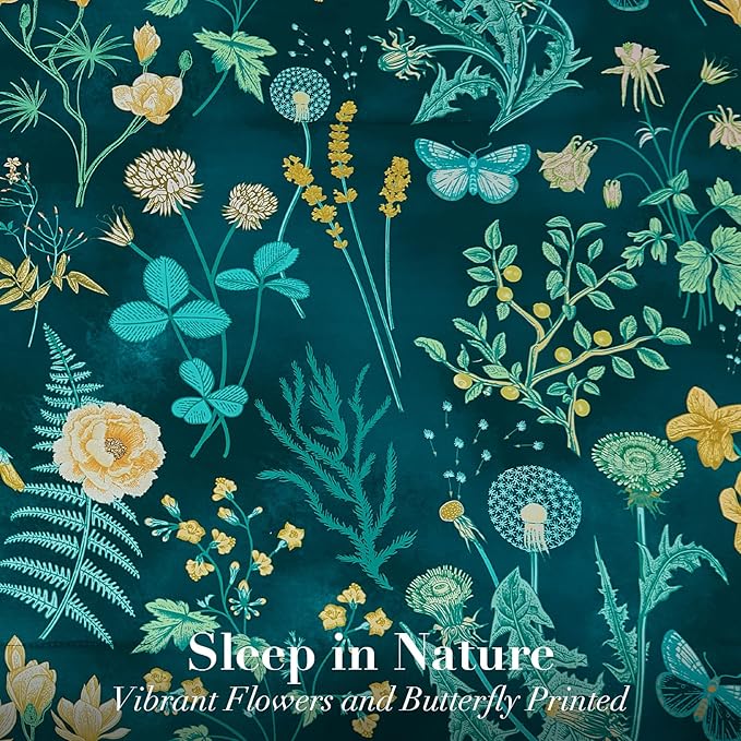 Yiran Queen Comforter Set 7 Piece, Teal Green Floral Bedding Set, Bed in a Bag Queen Size with Botanical Flowers Spring, Soft Lightweight Complete Comforters with Sheets for All Season