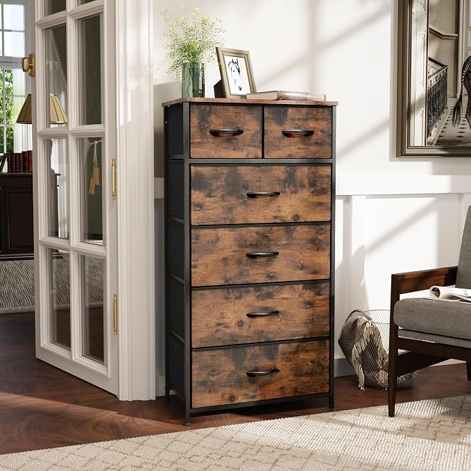 Fabric Dresser for Bedroom, Tall Skinny Dresser with 6 Drawers, Storage Organizer Tower, Steel Frame Wooden Top for Closet, Living Room, Hallway(Rustic Brown) - Image 2