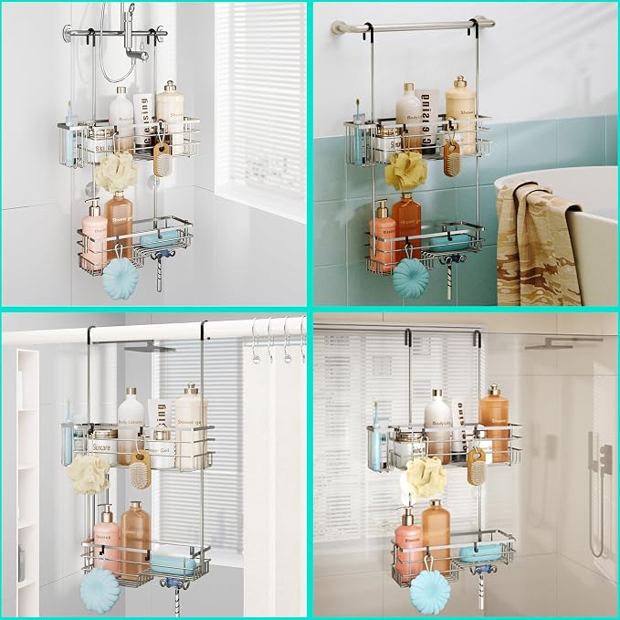 HapiRm Hanging Shower Caddy Organizer - No Drilling Shower Shelves with Hooks and Toothbrush Holder, Rustproof 304 Stainless Steel Bathroom Organizer - Brushed Nickel - Image 4