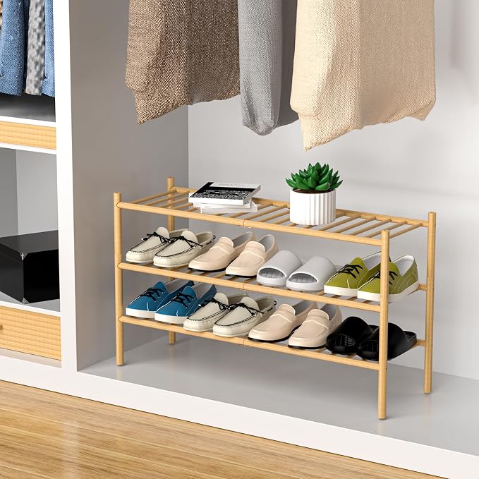 ROMGUAR CRAFT 3-Tier Bamboo Long Shoe Rack, Free Standing Wood Shoe Shelf Storage Organizer for Closet Entryway Stackable 35"x11"x20" (Natural) - Image 4