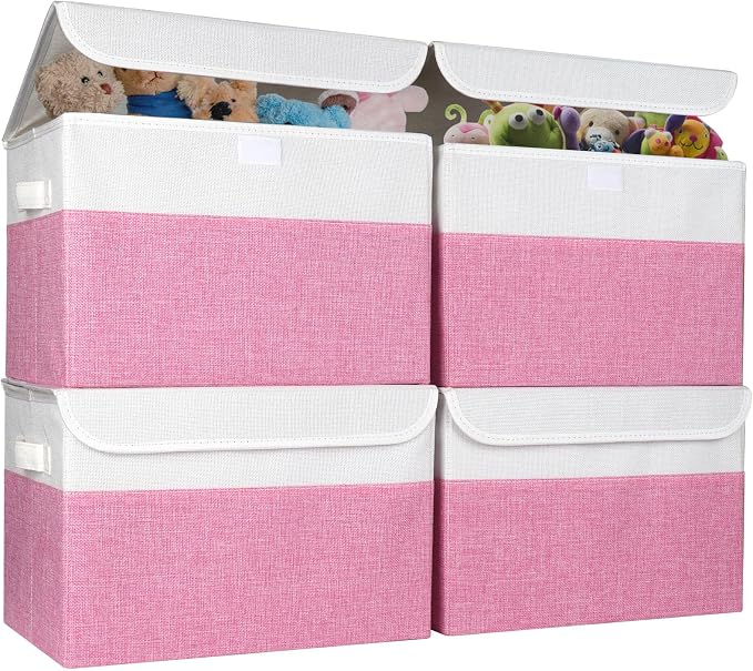 Bagnizer Large 22 Quart Linen Fabric Foldable Storage Bin Cube Organizer Basket with Flip-Top Lid & Handles, Clothes Blanket Box for Home, Office, Closet, Pink & White, 4 Pack 14.6 x 9.5 x 9.5 by Bagnizer