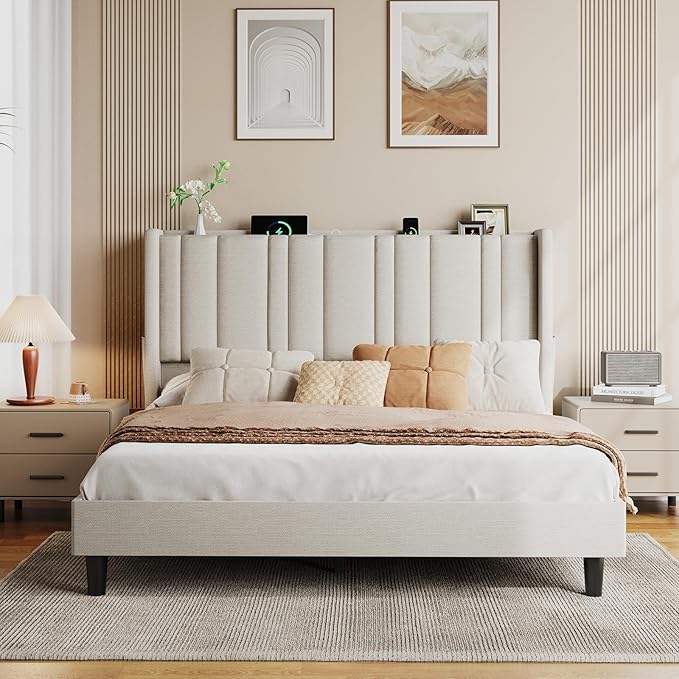 ONBRILL Queen Size Headboard with Storage, LED Light, Linen Vertical Wingback Headboard with Charging Station, Upholstered Head Board Queen w/High-Density Sponge Padding, 2 Storage Pockets, Off White