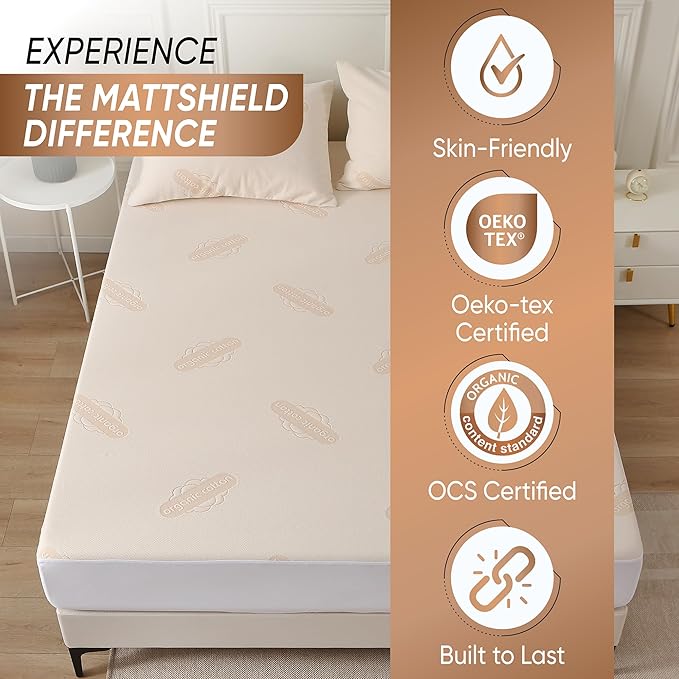 Waterproof Organic Mattress Protector Twin XL Size – Soft OCS Certified Organic Cotton Surface Mattress Cover – Noiseless & Breathable 250 GSM Mattress Pad – Deep Pocket Fitted Design