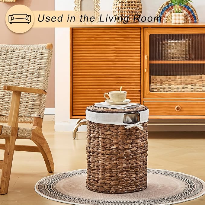 Round Water Hyacinth Laundry Hamper with Lid Handwoven Wicker Basket with Handles for Dirty Clothes, Storage, and Organization, No Assembly Required, 40L - Image 6