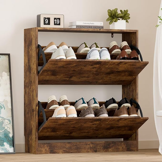 BORNOON Shoe Cabinet with 2 Flip Drawers, Slim Narrow Shoe Storage Cabinet, Freestanding Shoe Organizer with Adjustable & Removable Shelves, Top Display Shelf for Entryway, Hallway, Foyer, Closet by BORNOON