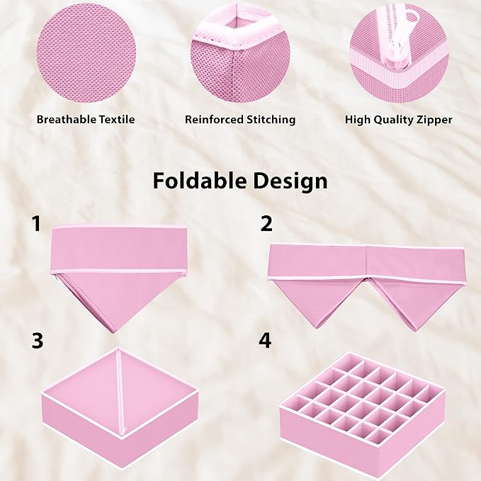 Simple Houseware 4-Pack Drawer Organizer Set - Closet Dividers for Underwear, Socks, Bras, Scarves, Ties - Foldable Non-Woven Storage Boxes, Pink - Image 5