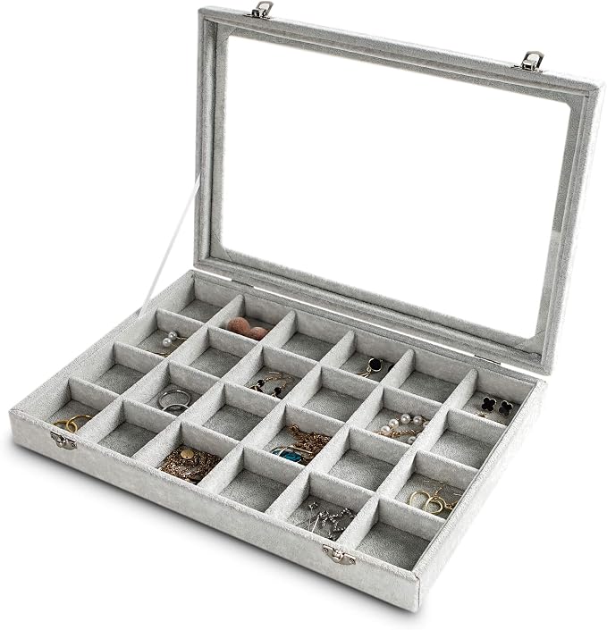 Frebeauty 24 Grid Earring Holder Organizer Tray, Jewelry Organizers and Storage for Drawer,Velvet Jewelry Display Storage for Earrings,Rings,Studs,10.5 x 6.5 x 1.2 Inches Gift for Women (Grey) by Frebeauty