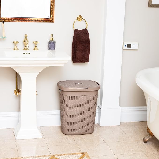 Mind Reader Slim Laundry Hamper with Lid, 40L Clothes Basket, Narrow Tapered Design with Ventilated Cutout Pattern, Plastic, Tan - Image 6