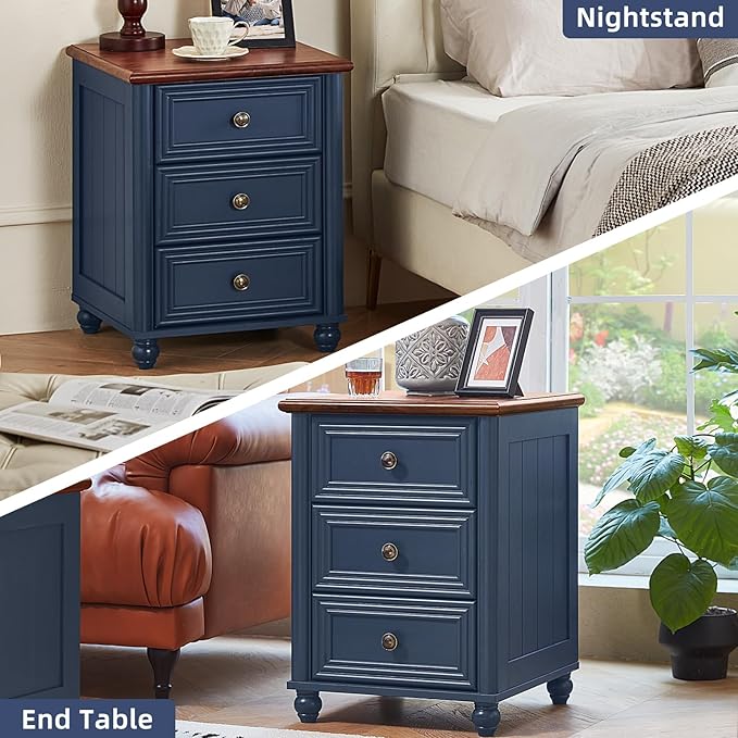 RWYHG 18" Farmhouse Night Stand Set of 2, Blue Wood Nightstand with 3 Drawers, Bedside End Table with Storage and Roman Column, Bed Side Tables Cabinet for Bedroom, Living Room, and Closet
