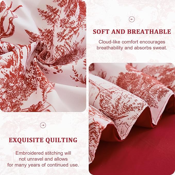 DJY Queen Size Comforter Sets, Red 7 Pieces Bed in a Bag Queen Botanical Comforters with Sheets Elegant Plants Print Christmas Soft Microfiber Reversible Complete Bedding Sets for All Season