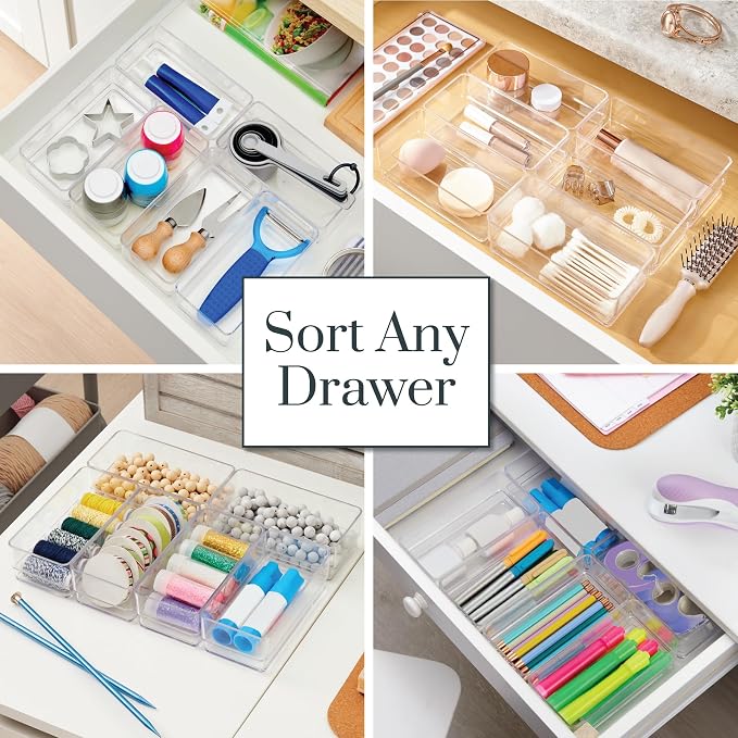 STORi SimpleSort 6-Piece Stackable Clear Drawer Organizer Set | 6" x 3" x 2" Rectangle Trays | Small Makeup Vanity Storage Bins and Office Desk Drawer Dividers | Made in USA - Image 4
