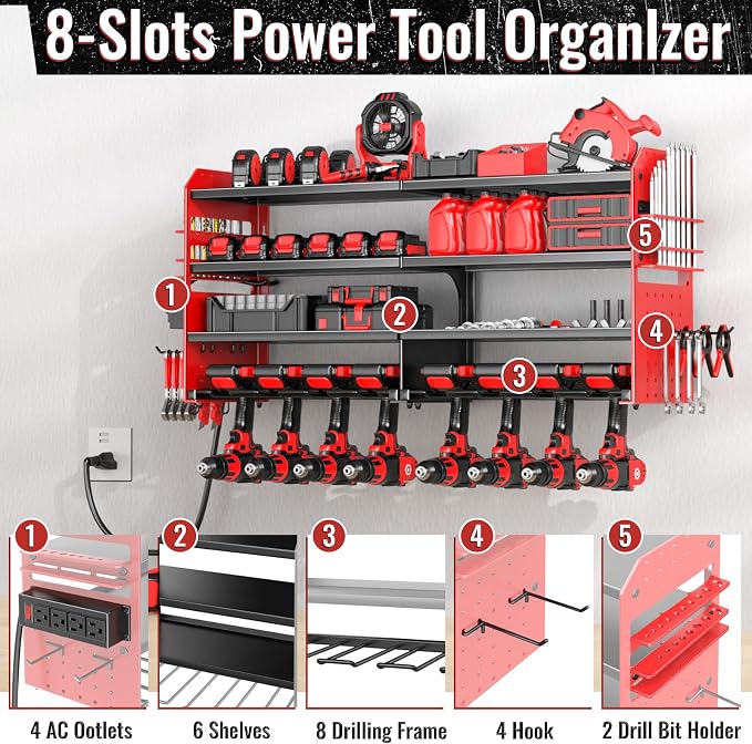 Large Power Tool Organizer Wall Mount with Charging Station, 4 Layer Heavy Duty Metal Cordless Tool Organizer, Tool Storage Rack with 8 Cordless Drill Holder Screwdriver Hammer(Red) - Image 4