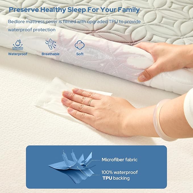 BEDLORE Waterproof Mattress Protector, Twin XL Size Mattress Pad with Deep Pocket 6"-15" Depth, Soft Dirt-Proof Double Bed Mattress Cover for Bedroom, College Dorm, Hotel (Light Gray)