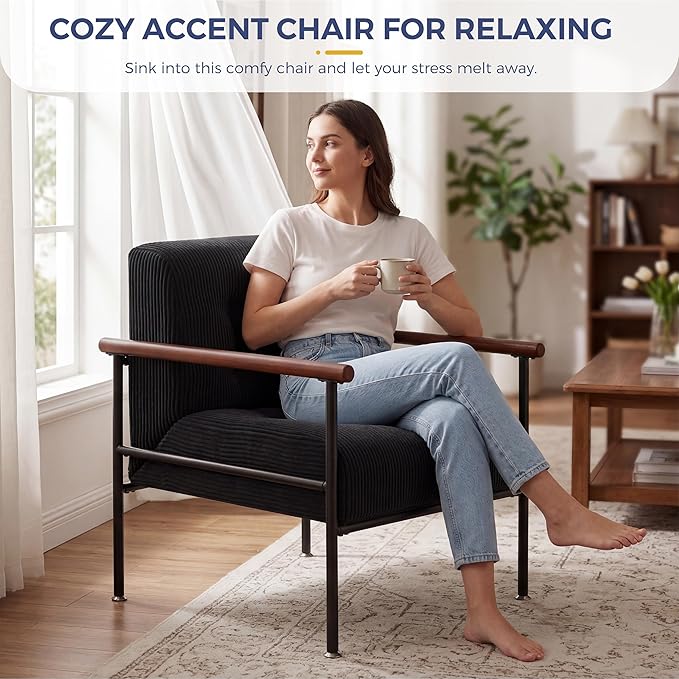 MAXYOYO Living Room Accent Chair, Modern Chair with Sturdy Metal Frame & Wood Armrests, Upholstered Reading Chair with Upholstered Cushion for Bedroom Balcony Porch, Black