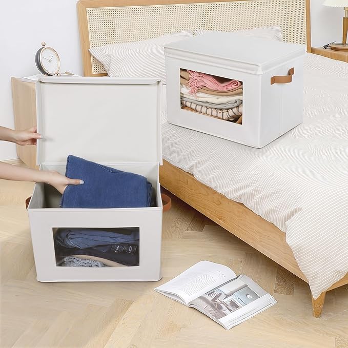 Univivi Storage Boxes with Lids Fabric Foldable Storage Bin for Clothes, [3-Pack] Closet Organizer Containers boxes with Handles for Home, Bedroom, Closet Storage (Beige,17” x 12” x 12") - Image 4