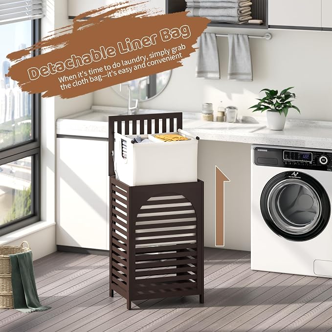 FILWH Laundry Hamper with Lid (16.9 * 13 * 26.5inches) Large Bamboo Laundry Bin Basket 85L Clothes Hamper with 1 Removable Bag Storage baskets for Bathroom(Brown) - Image 7