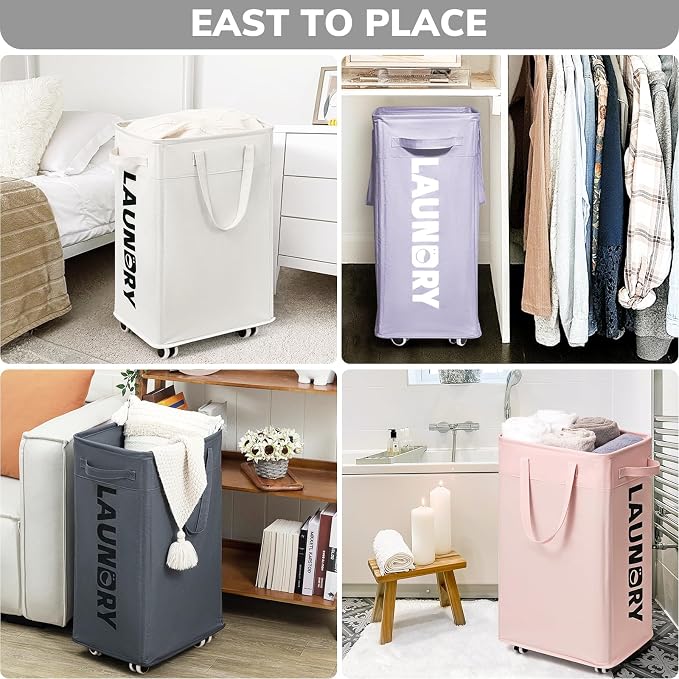 Goodpick Laundry Basket with Wheels 2-Pack, 75L Collapsible Laundry Baskets with Removable Wash Bag, Clothes Laundry Hamper on Wheels, Light Purple - Image 6