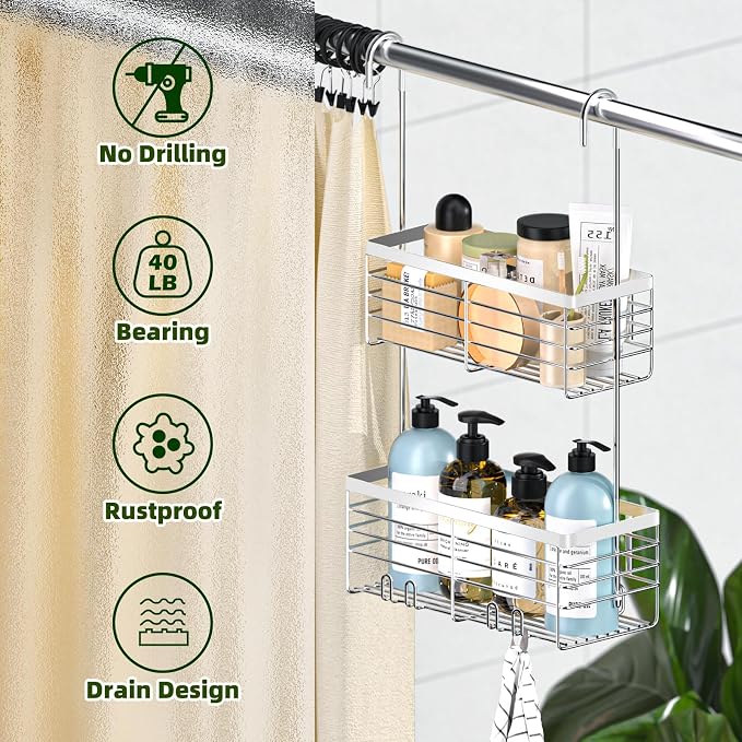 YUOROS Shower Caddy Hanging, 2 Tier Over the Door Shower Organizer Rack 304 Stainless Steel Rustproof Bathroom Storage Shampoo Holder Basket (Silver) - Image 2