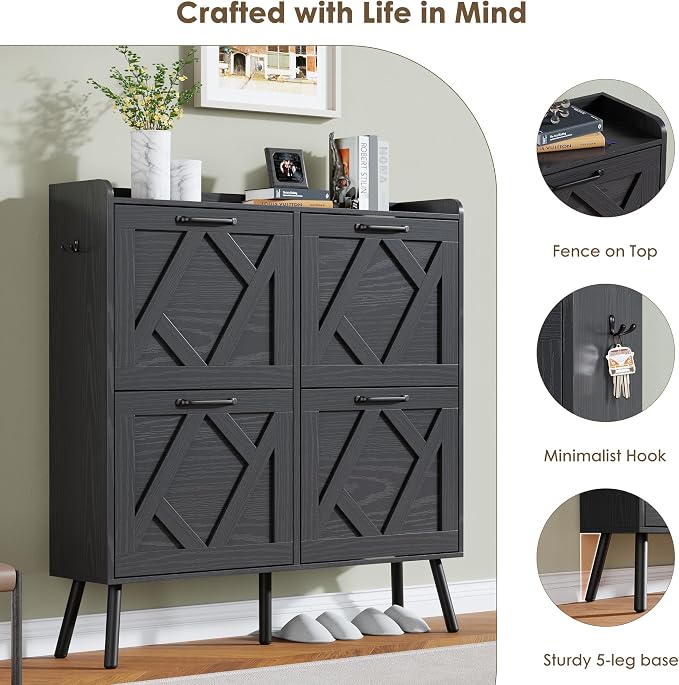 Nicetree Shoe Cabinet with 4 Flip Drawers, Hidden Shoe Rack Cabinet with Metal Legs, Farmhouse Narrow Shoe Storage Cabinet for Entryway, Foyer, Hallway, Black with Hook - Image 6