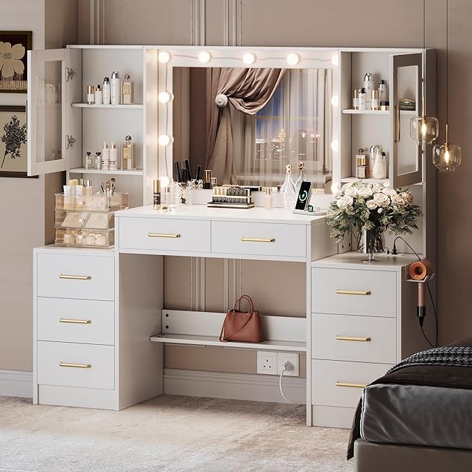 UGTOO 58.3" Large Vanity Desk with Mirror & Lights, Makeup Vanity with 10 LED Lights, 8 Metal Sliding Drawers & 2 Cabinets, White Vanity Set with Power Outlet &3 Lighting Modes Without Stool