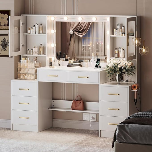 UGTOO 58.3" Large Vanity Desk with Mirror & Lights, Makeup Vanity with 10 LED Lights, 8 Metal Sliding Drawers & 2 Cabinets, White Vanity Set with Power Outlet &3 Lighting Modes Without Stool