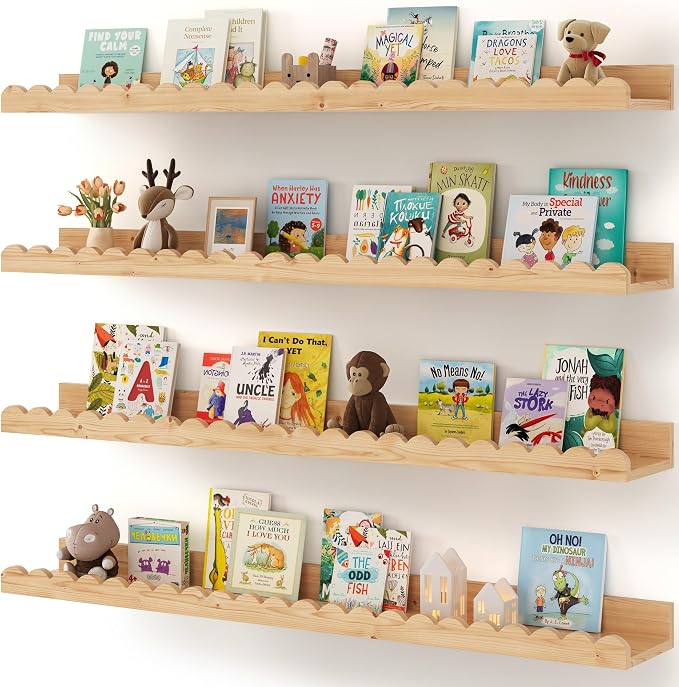 Shario Nursery Book Shelves, 4-Pack Wood Floating Shelves for Wall Kids, Scalloped Shelves, Wall Book Shelves for Bedroom Kids, Toddler Room, Baby Room, Nursery Decor(Wood, 36 Inches) by Shario