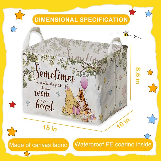 Winnie Nursery Decor, the Pooh Baby Stuff, Winnie Storage Nursery Basket, Large squarecanvas Laundry Hamper With A Waterproof PECoating, Foldable, Toys Bin, Baby Nursery HamperDecor, Star - Image 2