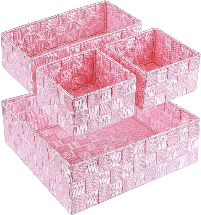 Posprica Woven Storage Baskets for Organizing, Small Baskets Cube Bin Container Tote Organizer Divider for Drawer, Closet, Shelf, Dresser, Set of 4(Pink) by Posprica