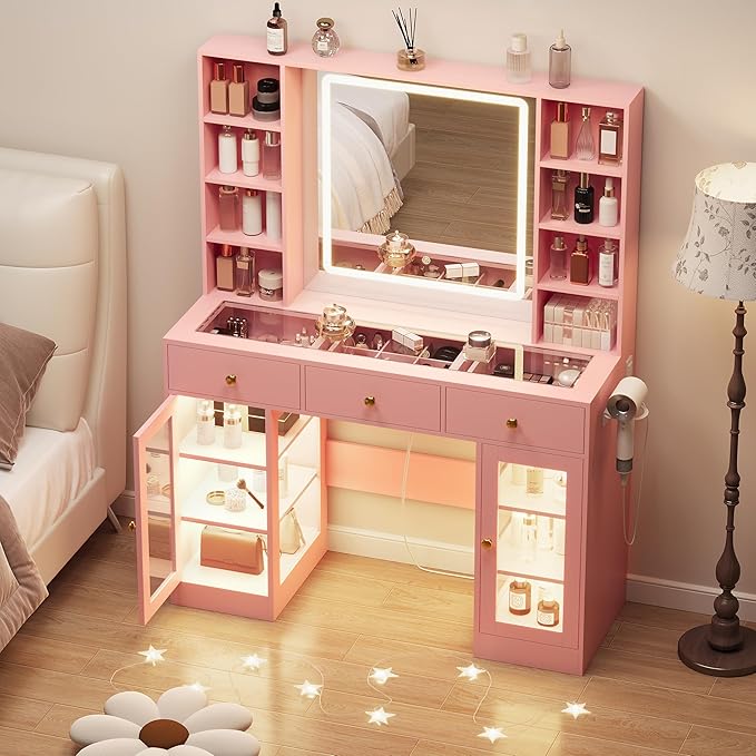 Pink Vanity Desk with Mirror and Lights, Glass Top Vanity with Lighted Mirror & RGB Cabinet and 3 Drawers, Dressing Table with 8 Shelves, Makeup Desk with Lights for Girls Bedroom, 3 Color Modes