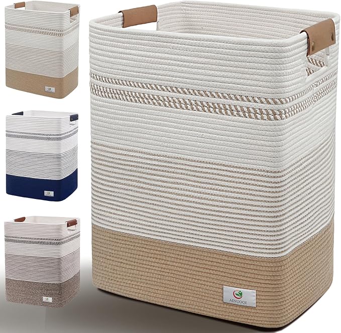 Large Laundry Hamper Basket, 85L Cotton Rope Woven Storage Bin for Blankets, Dirty Clothes Toys, Decorative Tall Basket with Leather Handles for Living Room, Bedroom, Bathroom, Nursery, Jute by AINUOQI
