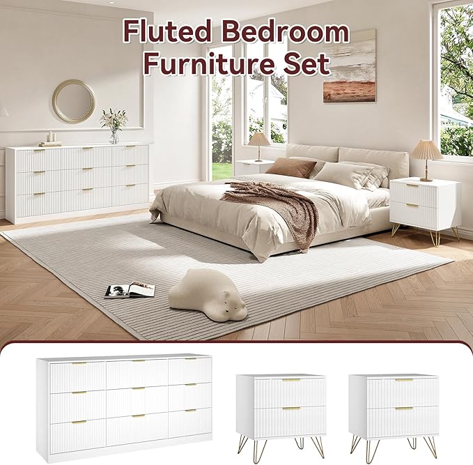 9 Drawer Dresser and Nightstand Sets for Bedroom, 3 Pcs Bedroom Set, Night Stand Set of 2 & 9 Drawer Dresser with Gold Handles, Modern Wood Chest of Drawers Storage Cabinet Set, White