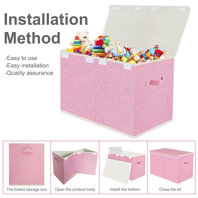 VERONLY Large Collapsible Toy Storage Box with Lid & Handles - Kids Organizer Chest for Toys, Clothes, Blankets (Pink, Nursery, Playroom, Bedroom)-24.5''×13''×16'' - Image 4