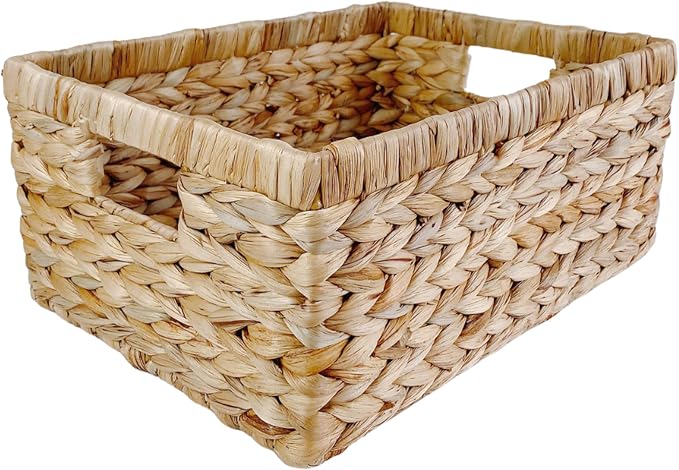 Large Rectangular Handwoven Wicker Basket - Natural Water Hyacinth Storage Baskets with 2 Built-in Handles - Ideal for Towel, Blankets, and Home Organizer & Decor - 16.5"x13"x7.50" - Brown by Pixoframe